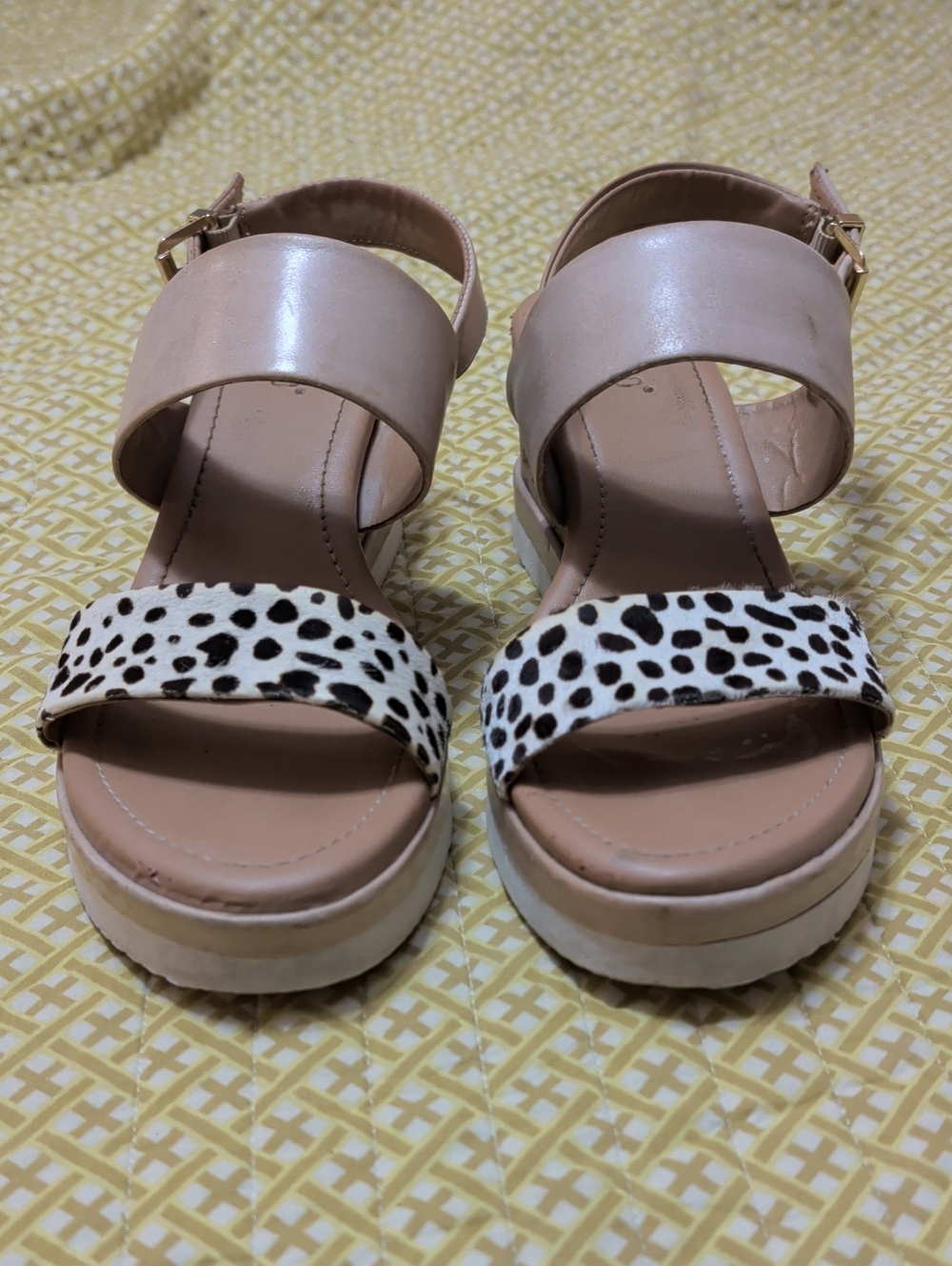 Crevo Beige Platform Sandals with Black & White Spotted Front Strap